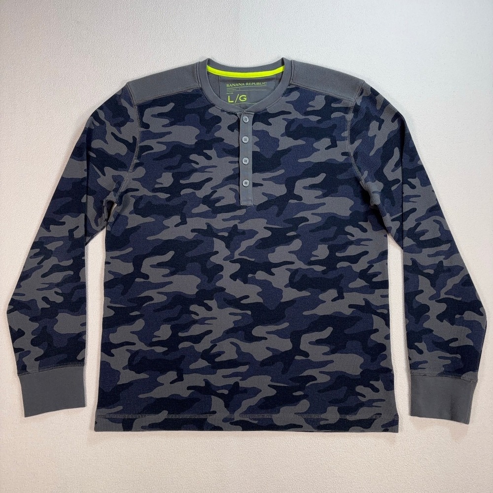 Banana Republic Waffle Knit Henley Shirt Men's L‎ Gray Camo Thermal Stretch